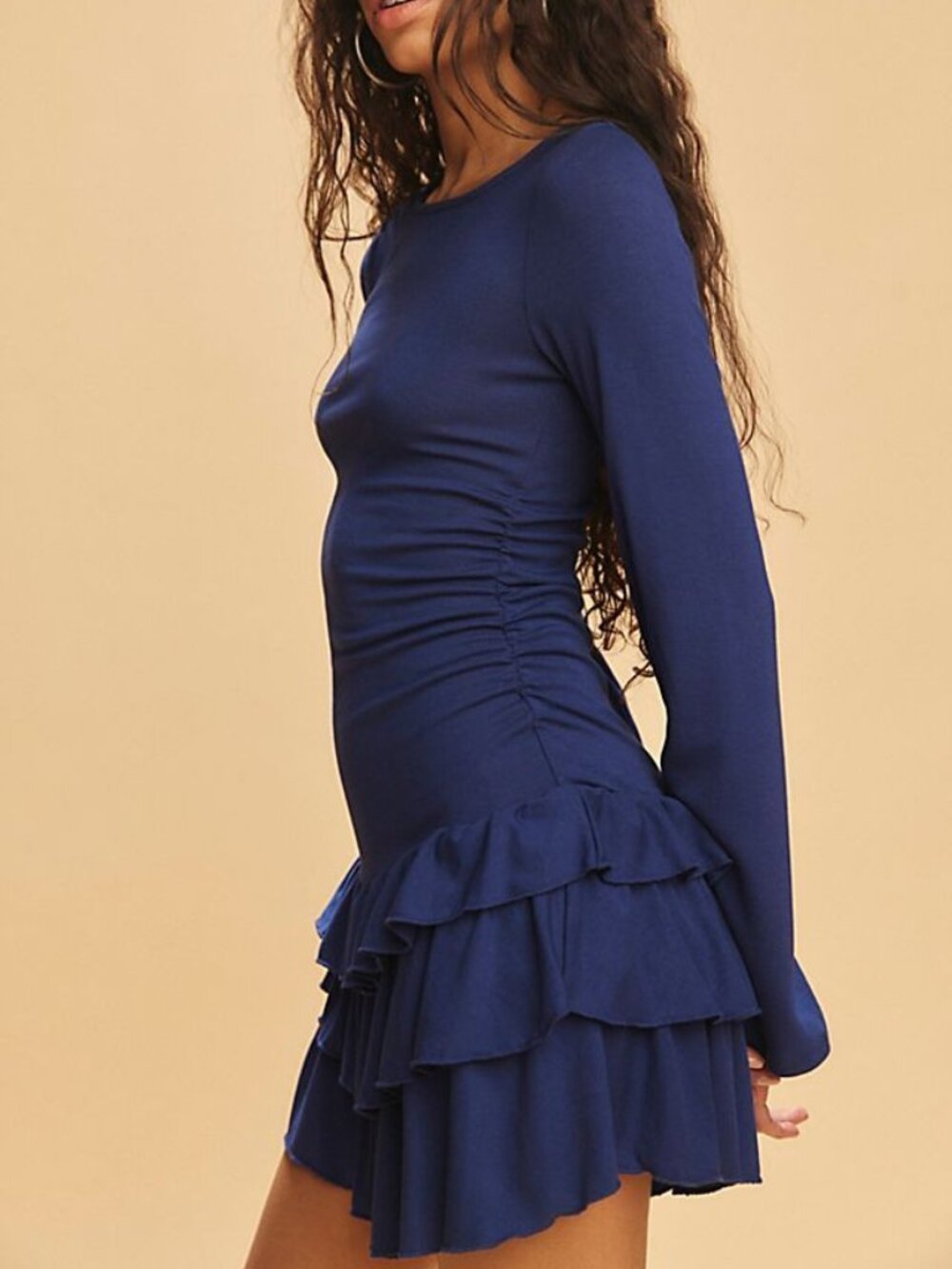 Free People Good Feels Ruffle Long-Sleeve Mini Dress Blue Size Medium New NWOT